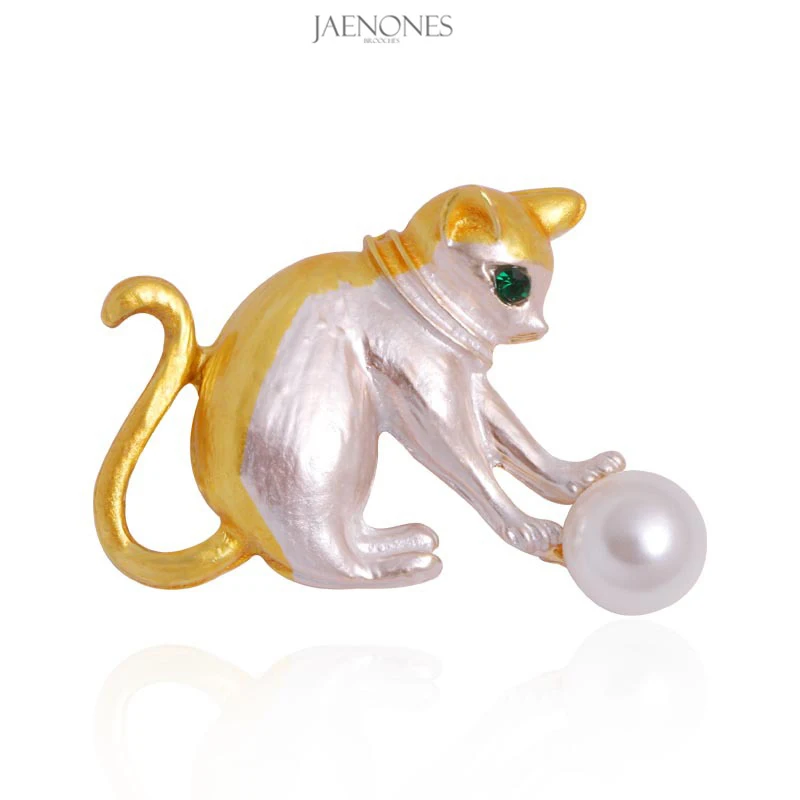

JAENONES Wholesale Trendy Animal Pearl Enamel Designer Inspired Brooches Pin Cute Cat Brooch