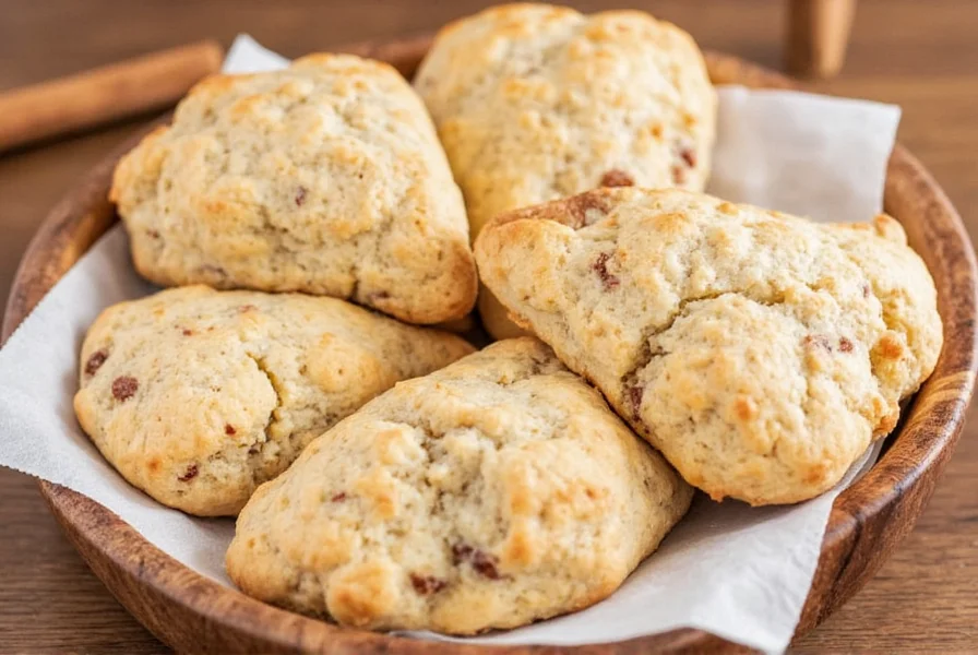 Close-up of flaky homemade cinnamon scones with visible cinnamon swirls on a rustic wooden board