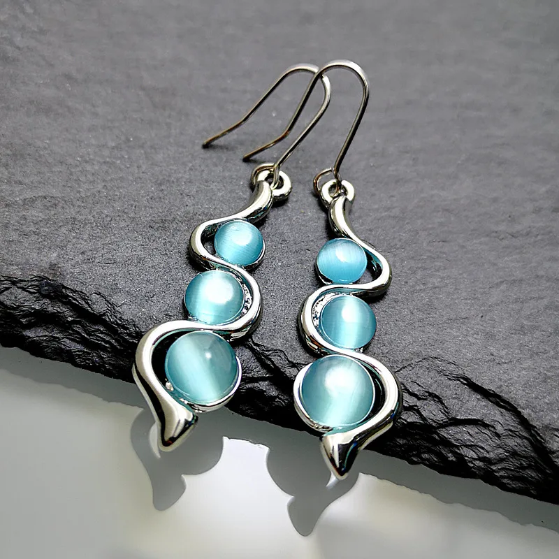 

Bohemia Fashion Silver Plated Curvy Wavy Hook Earrings Aquamarine Opal Drop Earrings For Women Girls