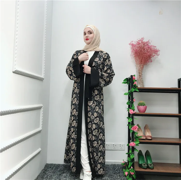 

Good quality soft crepe fancy flower black open front abaya, As picture shown