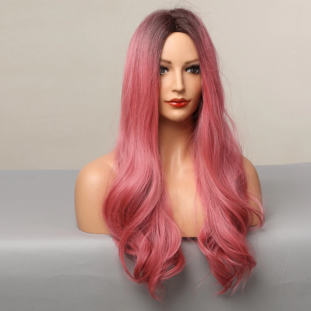 

2022 Novelty Popular High Quality Ombre Black to Pink Long Wavy Synthetic Wigs, Pic showed