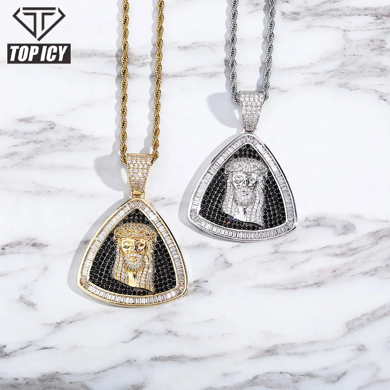 

Top&Icy Hip Hop Charm Pendant with brass 14k gold plated Jesus Statue Face Pendant Necklace Men Iced Out Pendant Chain, Silver./ gold