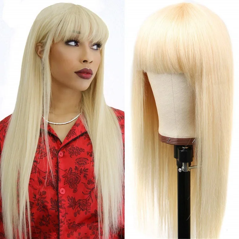 

Dropshipping Woman New Fashion Golden Long Straight Hair Head Cover Synthetic Air Bangs Hair Wigs See-through Hairpiece