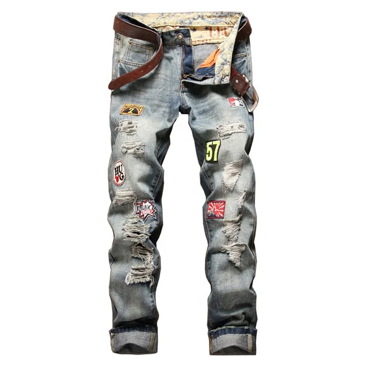 

Embroidered Cat Whisker Jeans With Badge Men's Fashion Long Jeans, Picture shows
