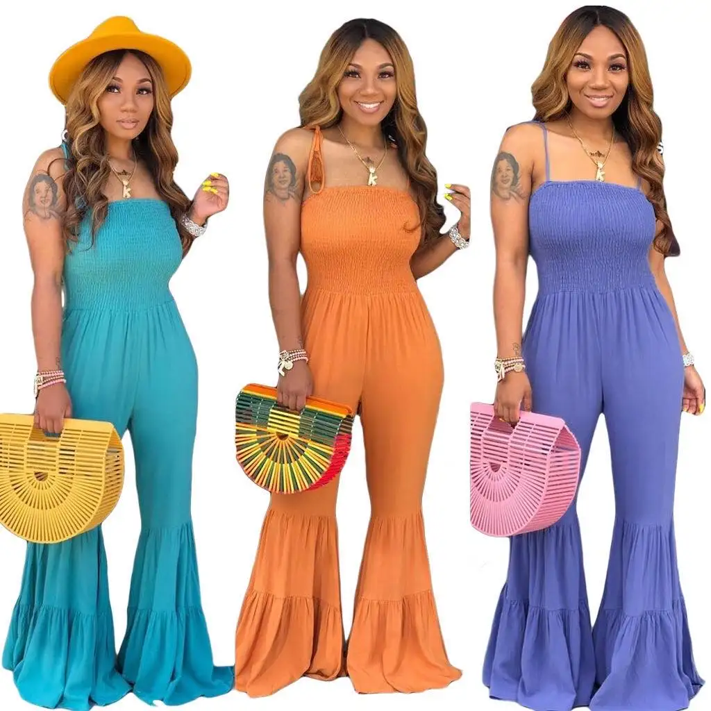 

2020 summer hot sale women sexy spaghetti strap jumpsuits slim fit one piece rompers flare pants set hawaii boho dress, 3 color as picture