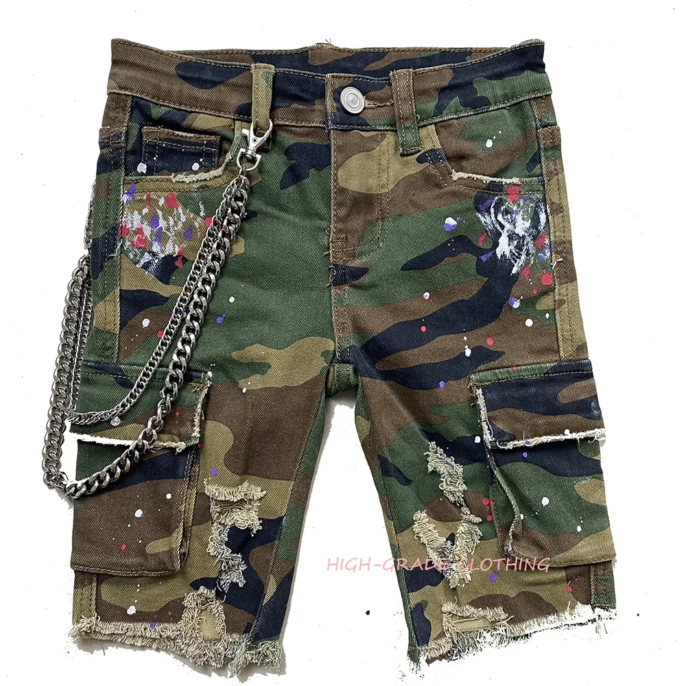 

High-Grade Factory products Denim camo fabric big size boys shorts with chains colorful paints boy shorts for 1-14 years old, As picture