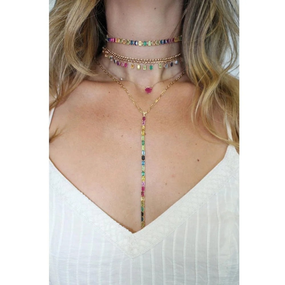 

2021 new Gold color Rainbow colorful baguette cubic zirconia long drop CZ Y shape women necklace