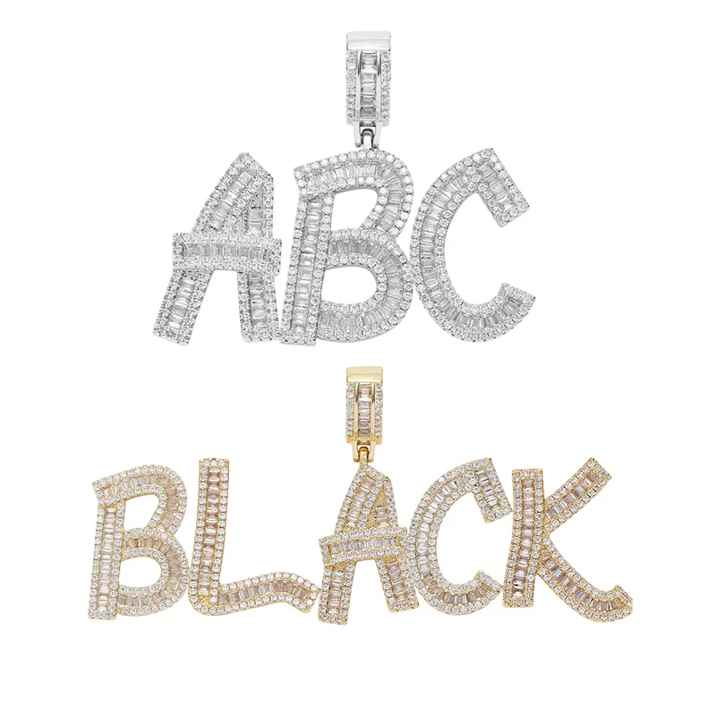 

Hip Hop Custom Name Necklace Personalized 26 Initial Cursive Letter Pendant Bling Baguette CZ Necklace Rapper Jewelry for Men