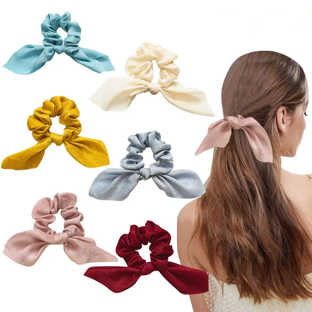 High Quality Plain Color Rabbit Bunny Ear Bowknot Silk Satin Scrunchy ...