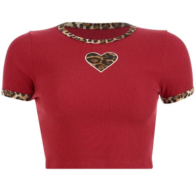 

Ins embroidery crop top ladies Love heart shape Womens Round Neck slim T Shirt