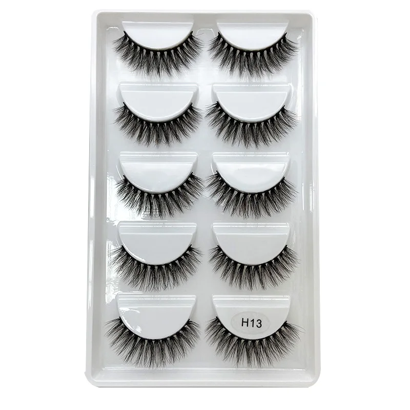

H13 Free sample natural thick 3D false eyelash 5 pair Faux Mink eyelashes private label eyelash packaging box Silk Lashes
