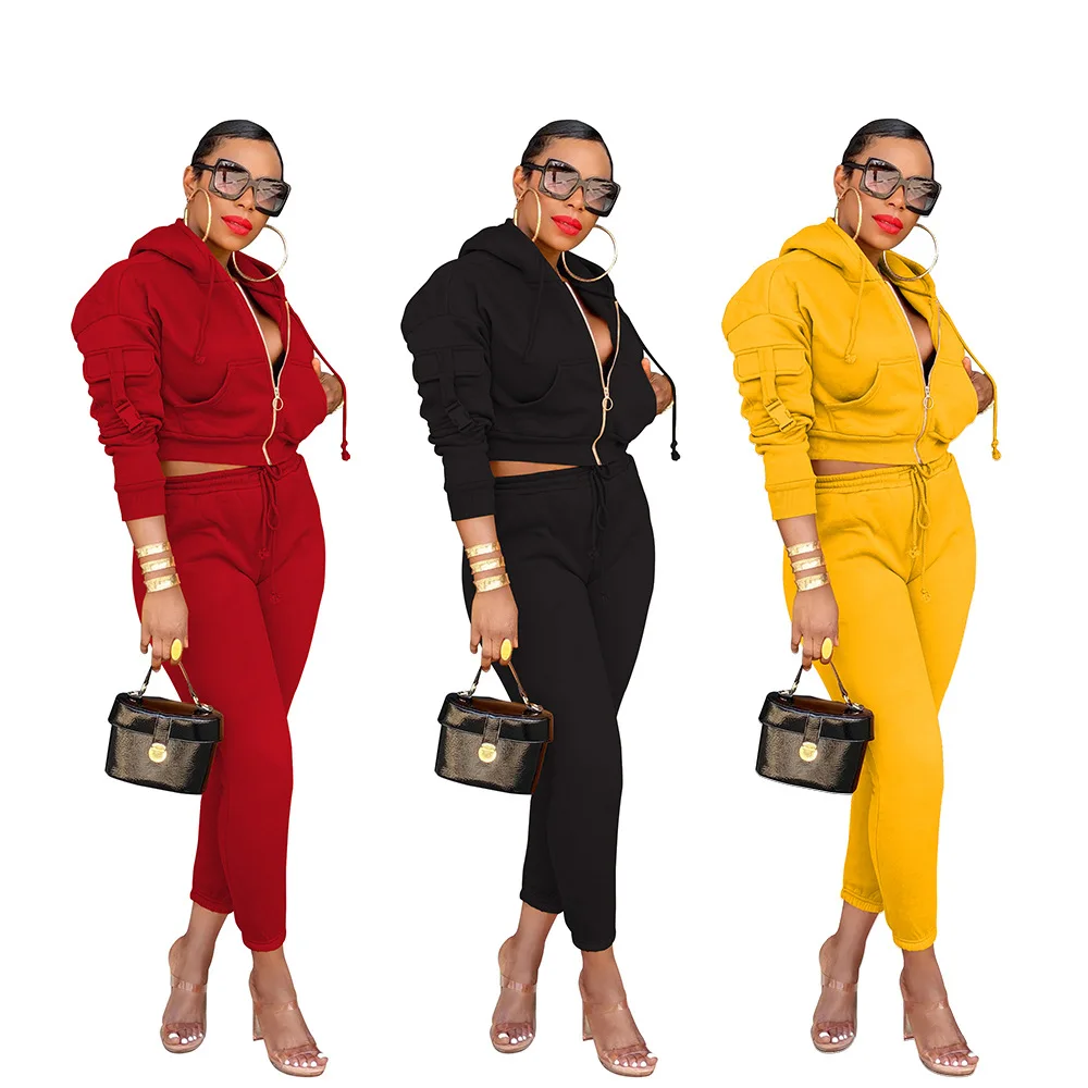

OEM Winter Casual Women Sports Solid Color Zipper Hooded Sweater Joggers Pants Outfits Overalls Tracksuit Two-piece Suit Set, Shown