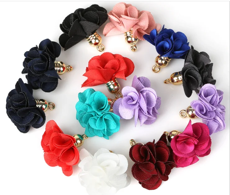 

flower tassel charms beautiful fabric flower tassel charms with metal cap new fabric flower charms jewelry phone accessories, As pictures