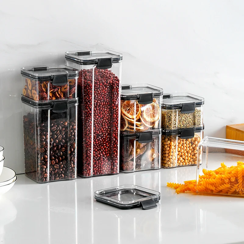 

Amazon Hot Sale Airtight Food Storage Container Set Dry Goods Pantry Organization Plastic clear kitchen food box holder, Transparent