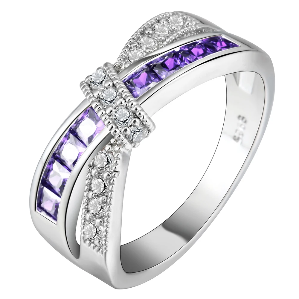 

Cross Rings For Women Green Purple Pink Blue Platinum Plating Wedding Ring Silver Jewelry Wholesale Dropshipping Size 5 6 7 8 9, Purple rings