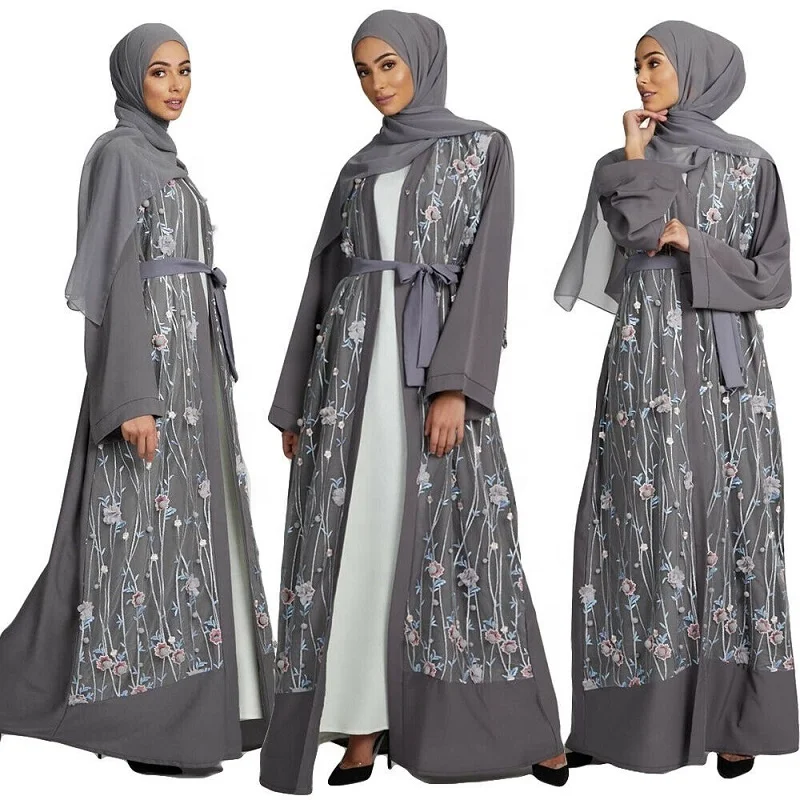 

2020 New arrival muslim women kimono abaya maxi dress kaftan jilbab islamic party dress, Gray