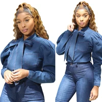 

Women Fashion Puff Sleeve Denim Bowknot Bandage Top Long Sleeve Jeans Fashion Cute Office Shirt Autumn Fall Cute Blouse RS00104