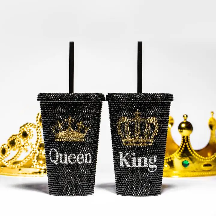 

Factory Supplied Luxury Shinning 16oz Cups Wholesale Bling Glass Stones Handmade Gift For King and Queen, Customized color