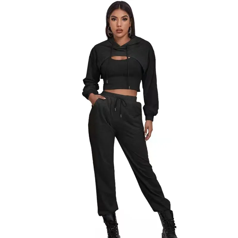 

New Arrival Casual 3 Piece Loose Cropped Pullover Sweatshirt Hoodie Set Fashion Streetwear Black Hollow Out Women Jogger Set