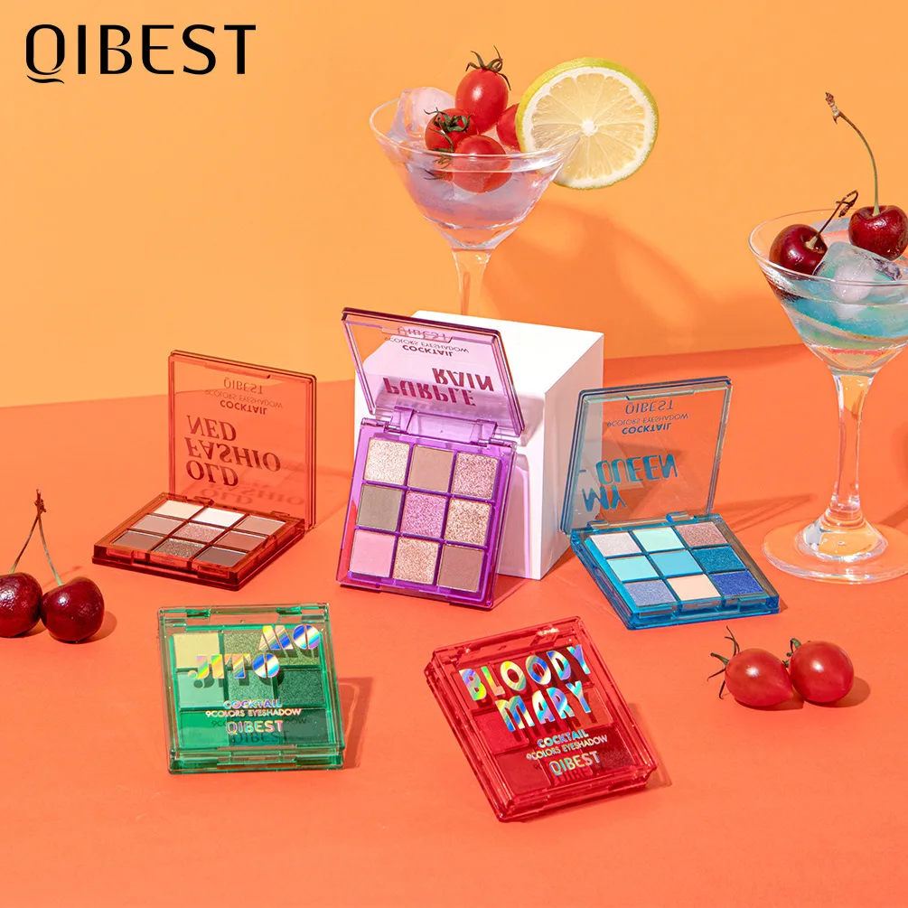 

QIBEST 9 colors cocktail eyeshadow fashion matte glitter shining natural plastic square pan wholesale eye shadow palette