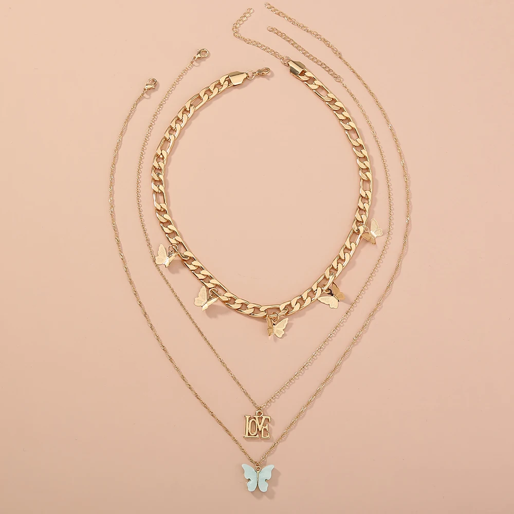 

Fashion Three Layered Choker Jewelry Gold Plated Love Letter Blue Acrylic Butterfly Necklace For Woman Girls