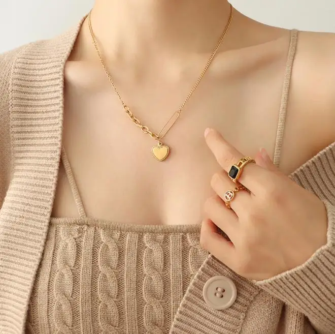 

AZL Hip hop chain Patchwork Heart necklace personality versatile stainless steel plated 18K gold clavicle choker, Gold/silver/rose gold