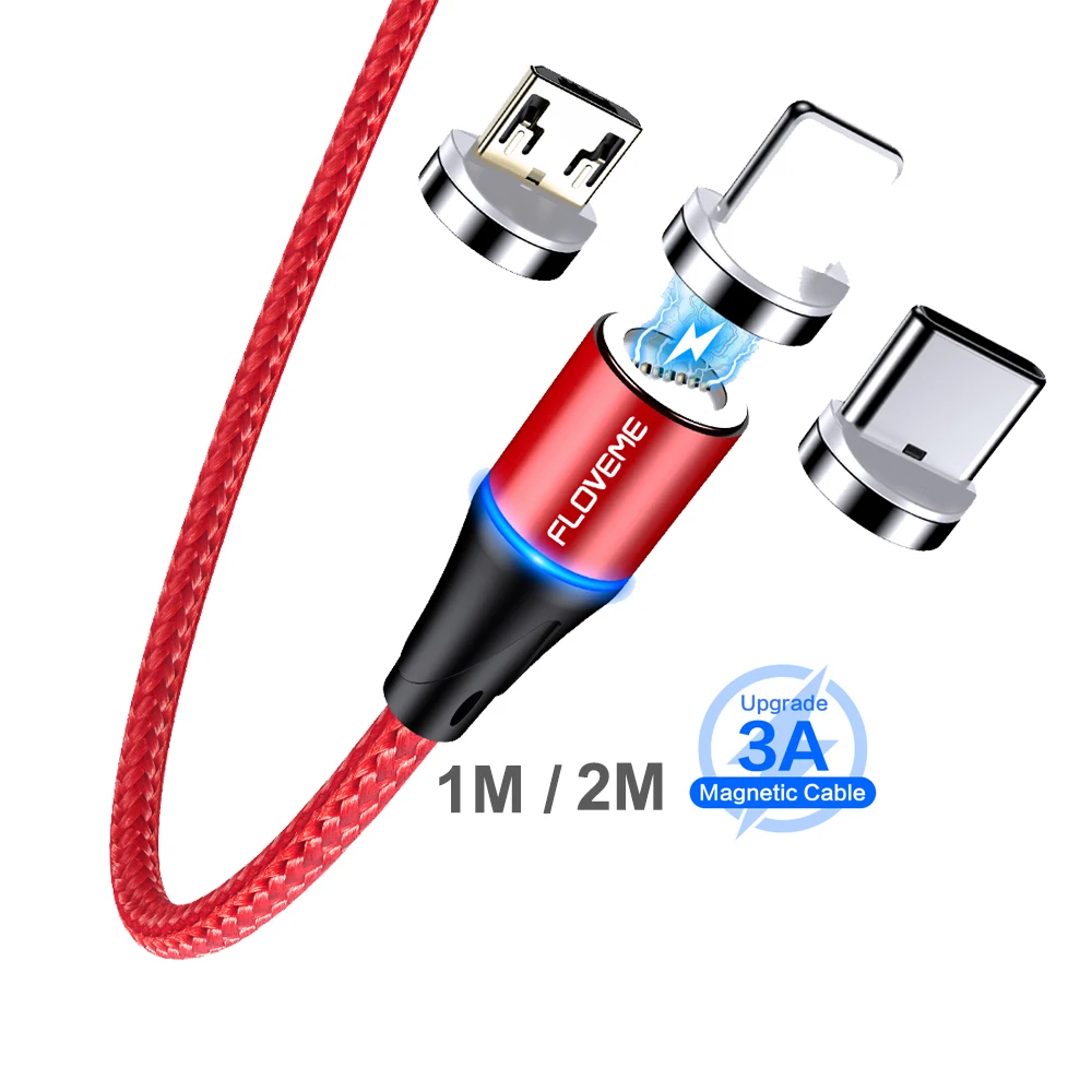 

Free Shipping 1 Sample OK FLOVEME 3A Round Led Charger Cable For Apple Magnetic USB Cable for Type C for Micro USB, Black / red / silver