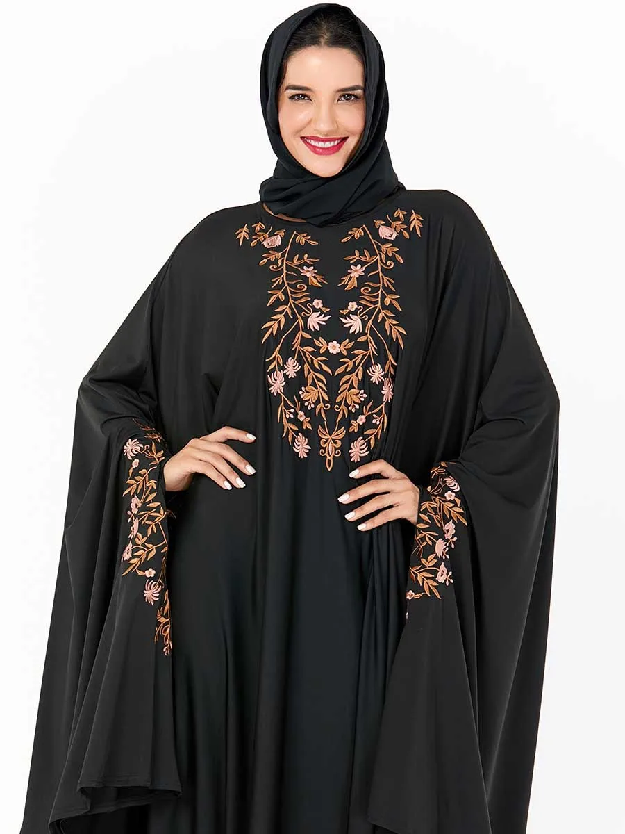 9184# oversize floral embroidered black dubai abaya muslim dress