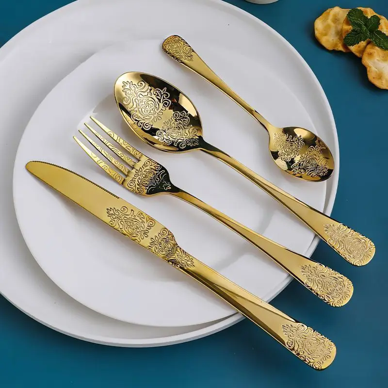 

Stainless Steel 18/0 luxury flatware sets European-Style Knife Spoon Fork Golden cutlery sets for hotel