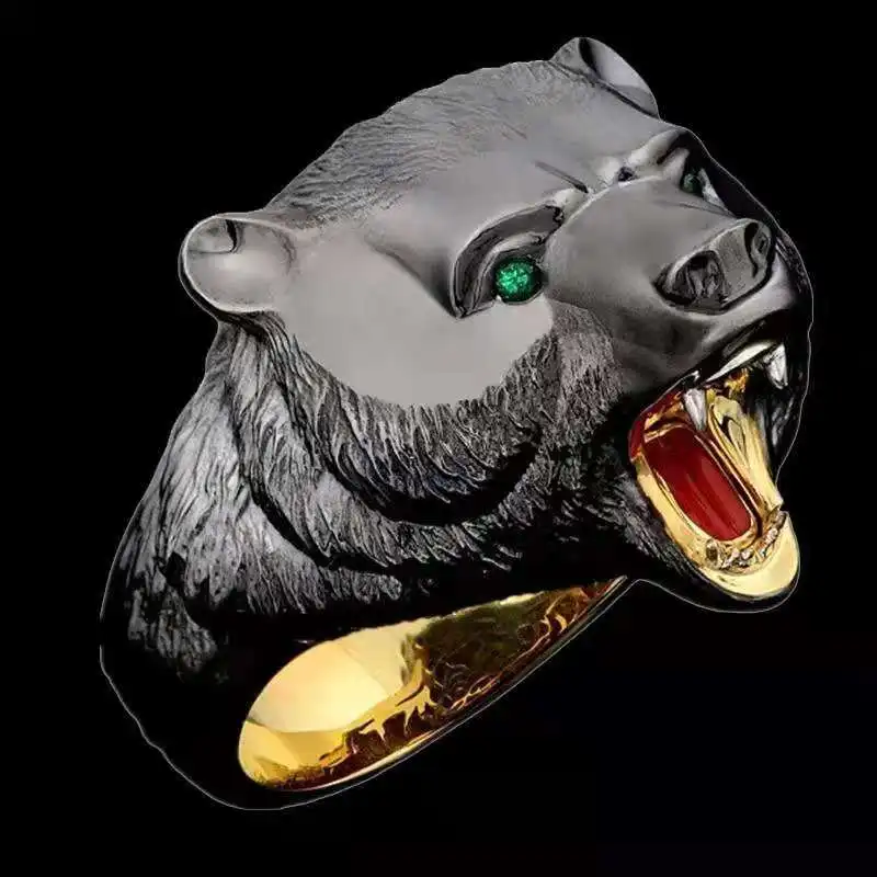 

European and American hip hop punk rock black bear animal metal ring