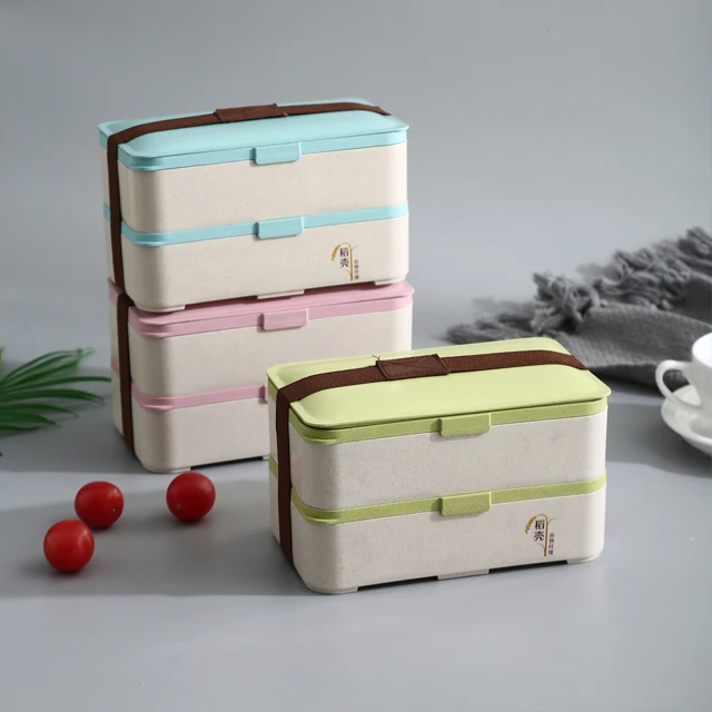 

Eco-friendly 2-layer wheat straw lunch box microwave safe bento, Blue/green/pink,or customized color