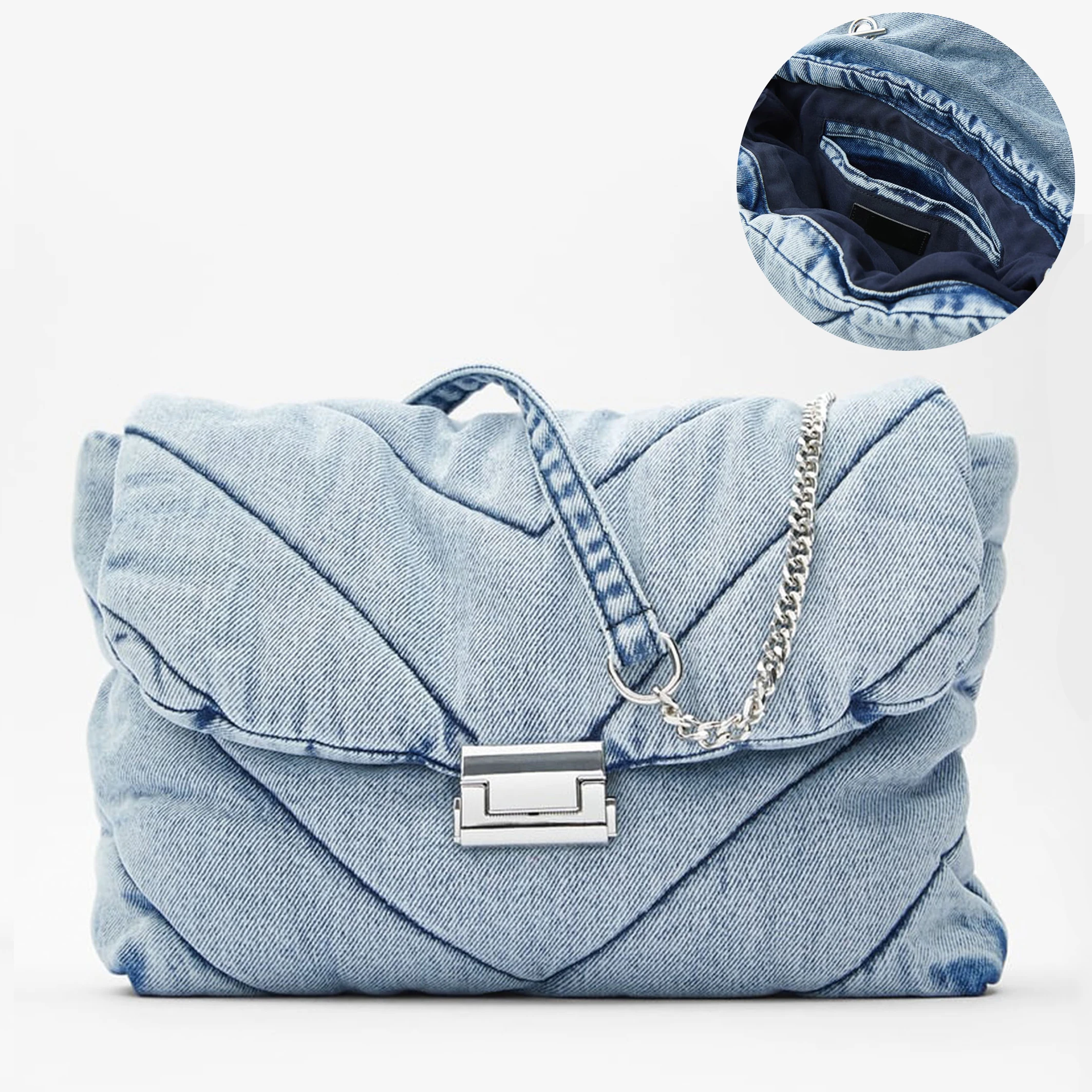 

New simple casual ladies denim blue cotton shopper shoulder bag pu leather crossbody bag women handbag, Customized color
