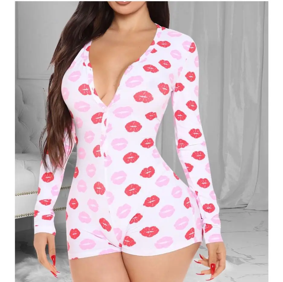 

2021 New Arrivals Bodysuit Lovely Home Lip Letter Print Lounge Sleepwear Bodysuit Romper