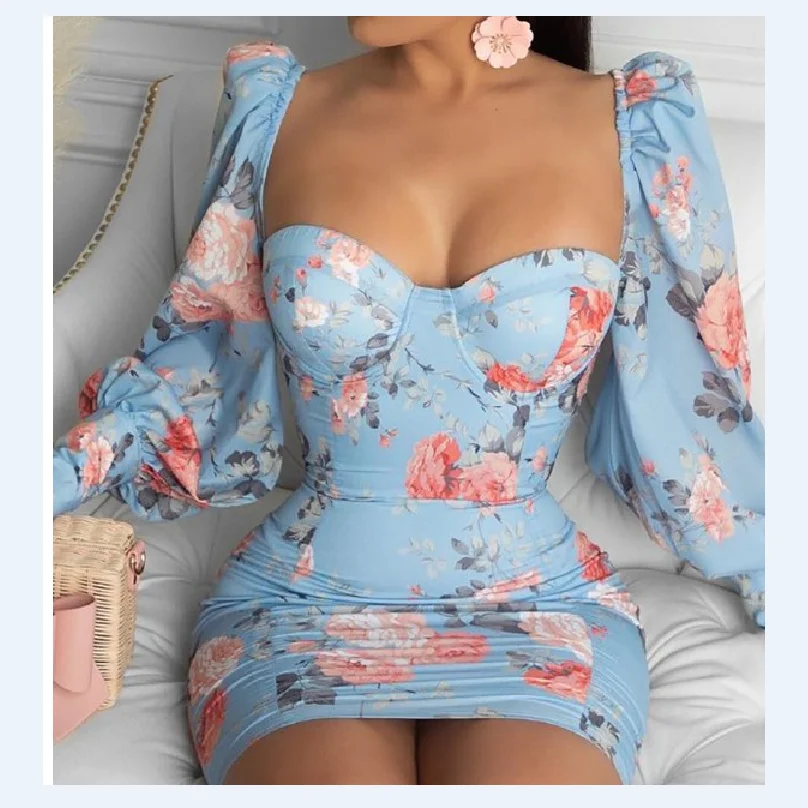 

Floral Print Lantern Sleeve Bodycon Dress Women Sexy Low Cut Square Neck Skinny Mini Dress New floral Party club elegant dress