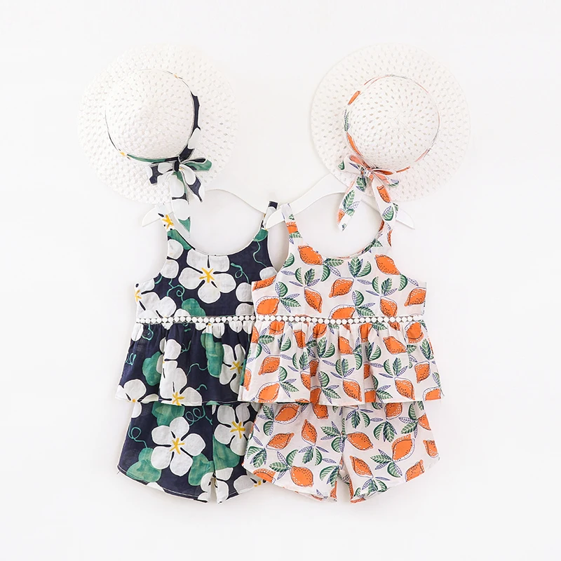 

2022 baby girl dress set summer yellow children's clothing with straw hat