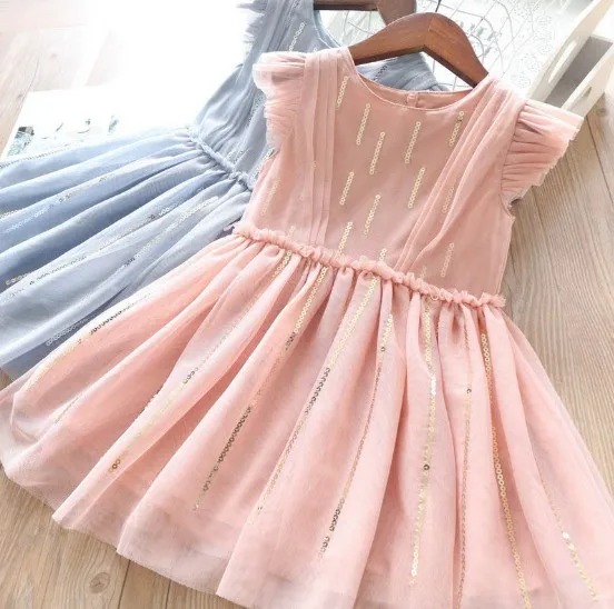 

2020 New Arrivals Little Kid Flying Sleeve Lace Summer Dress Children Clothes 2-8 years, Pink and blue