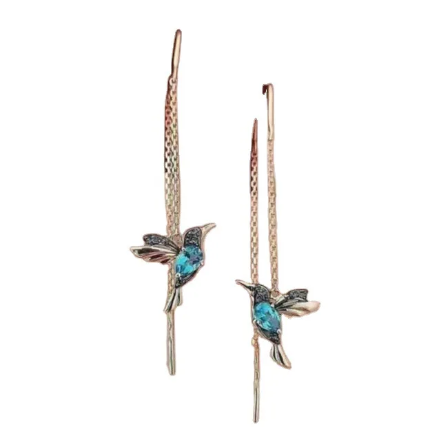 

Red cubic zircon Flat Bird Earrings long chain animal ear line, 2 color avaiable