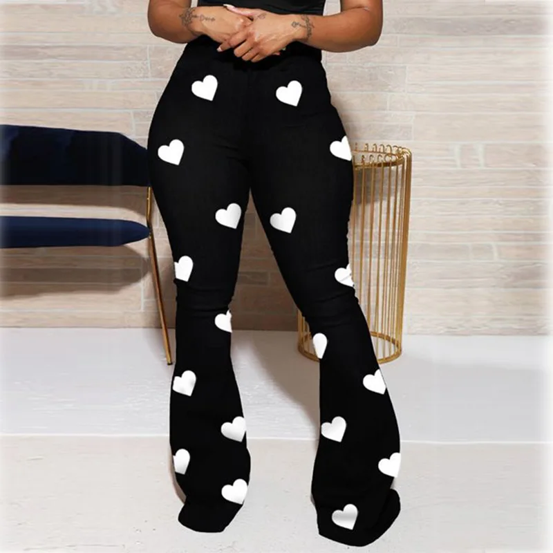 

High Waist Wide Leg Plus Size Skinny Printed Stacked Flare Pants for Women, Black, blue, red