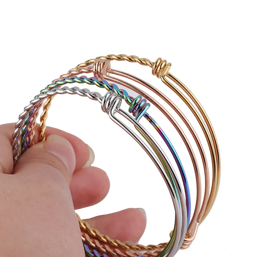 

Stainless Steel Twisted Braided Wire Bracelet Expandable Adjustable Wire Blank Bangle Bracelet for Jewelry Making 5 colors, Gold +stainless steel+steel+rainbow