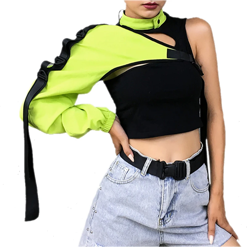 

Insane Gothic Asymmetrical Choker Collar Buckle Off One Shoulder Crop Top Custom Reflective Punk Jacket Womens, Oem