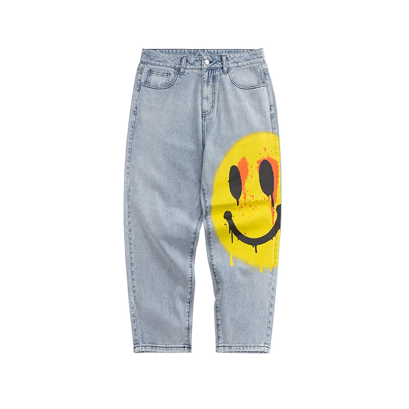 

Fashion Mens Vintage Washed Jeans Hip Hop Smile Face Printed Loose Fit Denim Pants Harajuku Urban Style, Blue