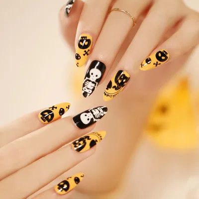 

24Pcs Hot Selling Skeleton Pattern Nail Paste Halloween Long Ballet Nail Yellow Wearable Removable Artificial Fingernails