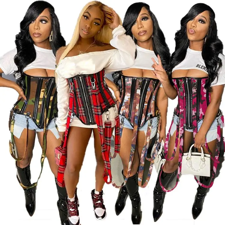 

Best Design 2021 Women Trendy Fashion Women Lingerie Waistcoat Camouflage Corset Top Women Sexy Crop Top