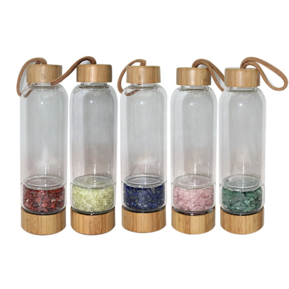 

Wholesale Eco friendly crystal gravel glass water bottle custom bamboo crystal bottles