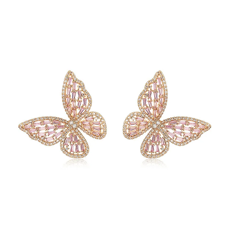 

Trendy Korean Style Rhinestone Butterfly Charm Stud Earrings, White/rose gold