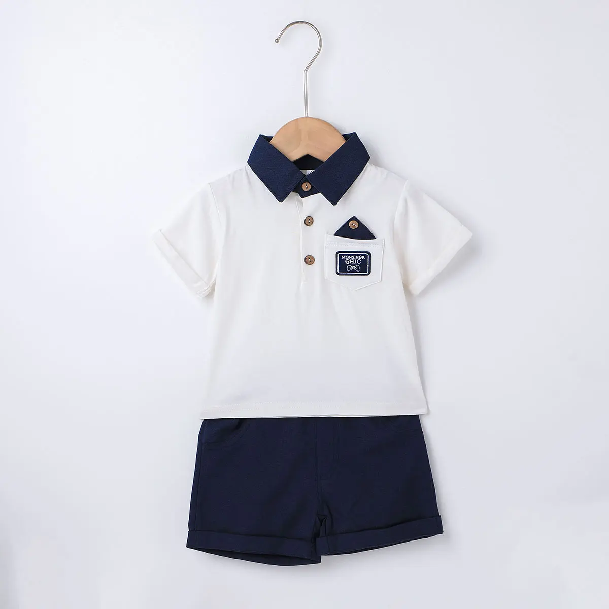 

Kids Clothing Boy Set Child Clothes Set Cotton Shirt Boutique Summer Polo T-Shirt 2 Piece Short Set, White navy