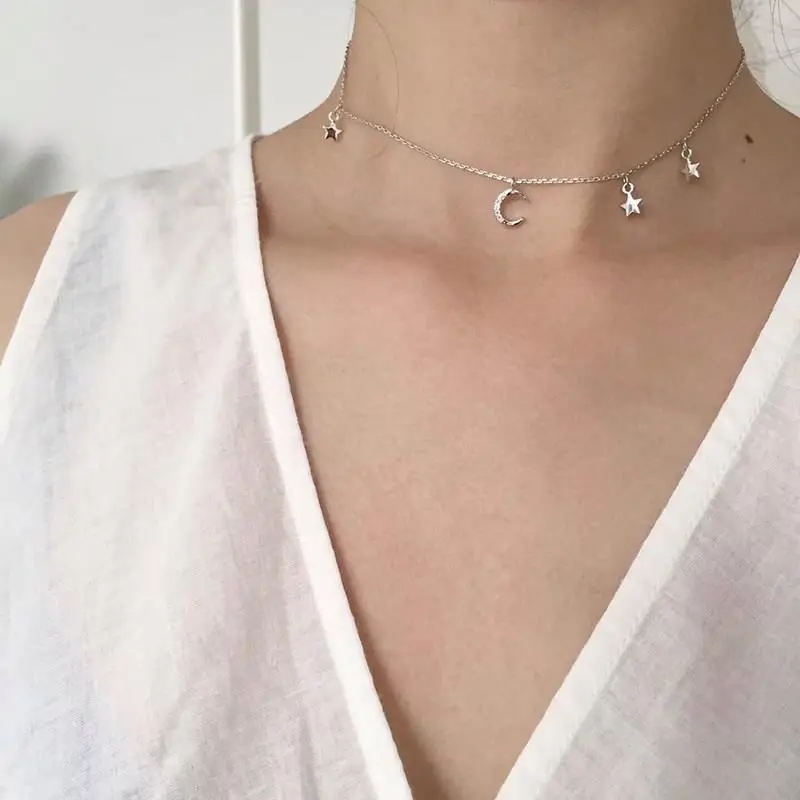 

925 Sterling Silver Long Moon And Star Necklace Simple and Romantic Style Fine Jewelry New Year Gift for Women, Picture