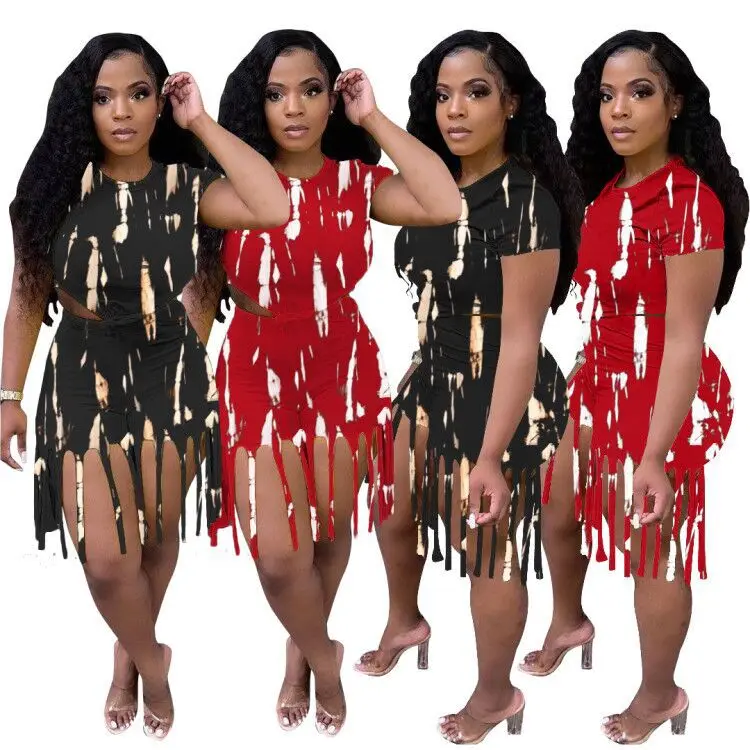 

Women Clothes Summer 2021 Fashion Printed Short Sleeve Bodycon Crop Top Tassel Shorts Two Piece Set