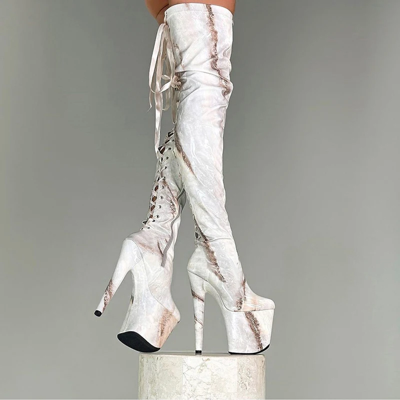 Big Size 20cm Strip Pole Dance Gladiator Platform Sexy Fetish 8Inch Lace up Over the Knee Boots Thin Heels Retro Round Toe Party