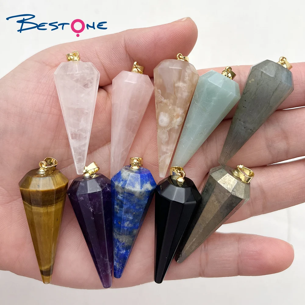 

Bestone Hot Sale Gemstone Necklaces Crystal Hexagonal Cone Necklaces Pendants Gemstone Jewelry Necklace